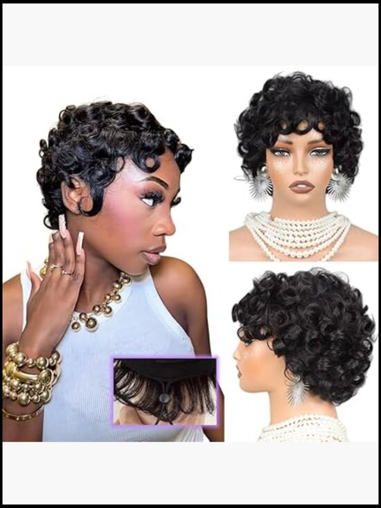 Short Pixie Cut Wig Human Hair Curly Full Machine Made Glueless Wig Natural main image 4